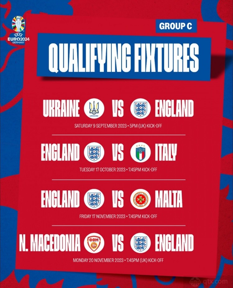 英格兰欧洲杯预选赛赛程完整表 2023年3月和10月对阵意大利